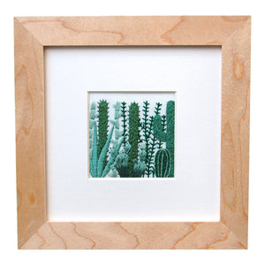 Cactus Grouping (2.25") on White Linen Hand Embroidered Art