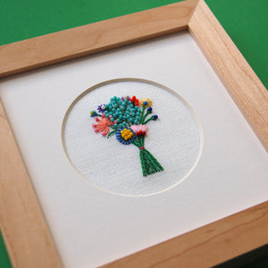 Beaded Floral Bouquet on White Linen Hand Embroidered Art