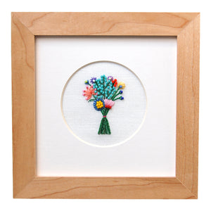 Beaded Floral Bouquet on White Linen Hand Embroidered Art