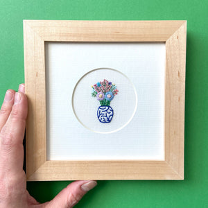 Flowers in a Blue and White Vase White Linen Hand Embroidered Art