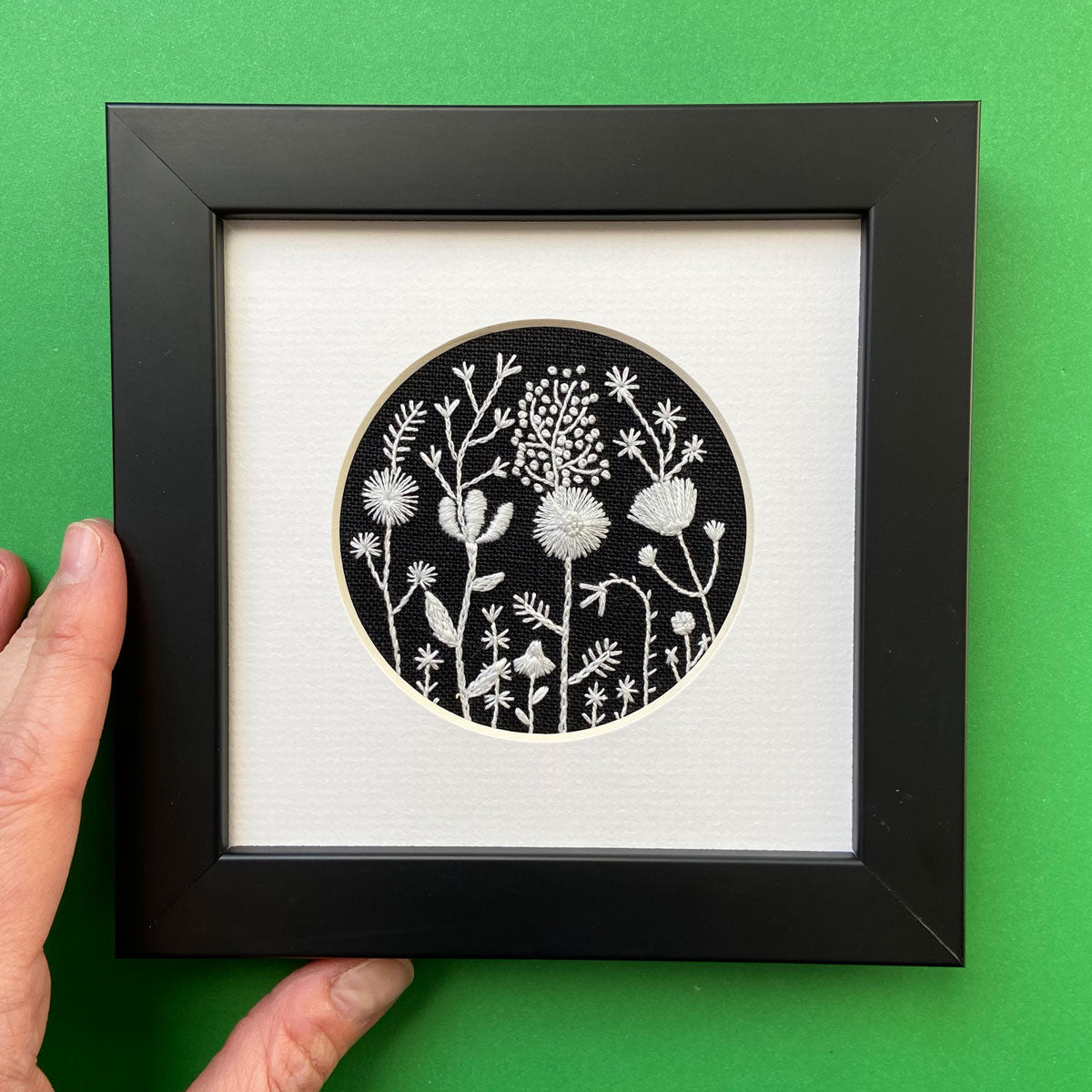 Monochromatic White Flowers on Black Linen Hand Embroidered Art