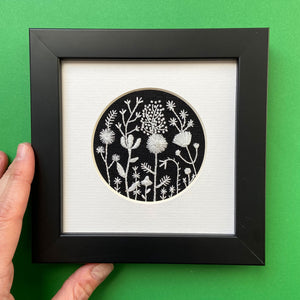 Monochromatic White Flowers on Black Linen Hand Embroidered Art