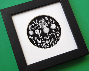Monochromatic White Flowers on Black Linen Hand Embroidered Art