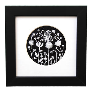 Monochromatic White Flowers on Black Linen Hand Embroidered Art