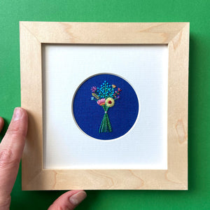 Rainbow Bouquet on Bright Blue Linen Hand Embroidered Art