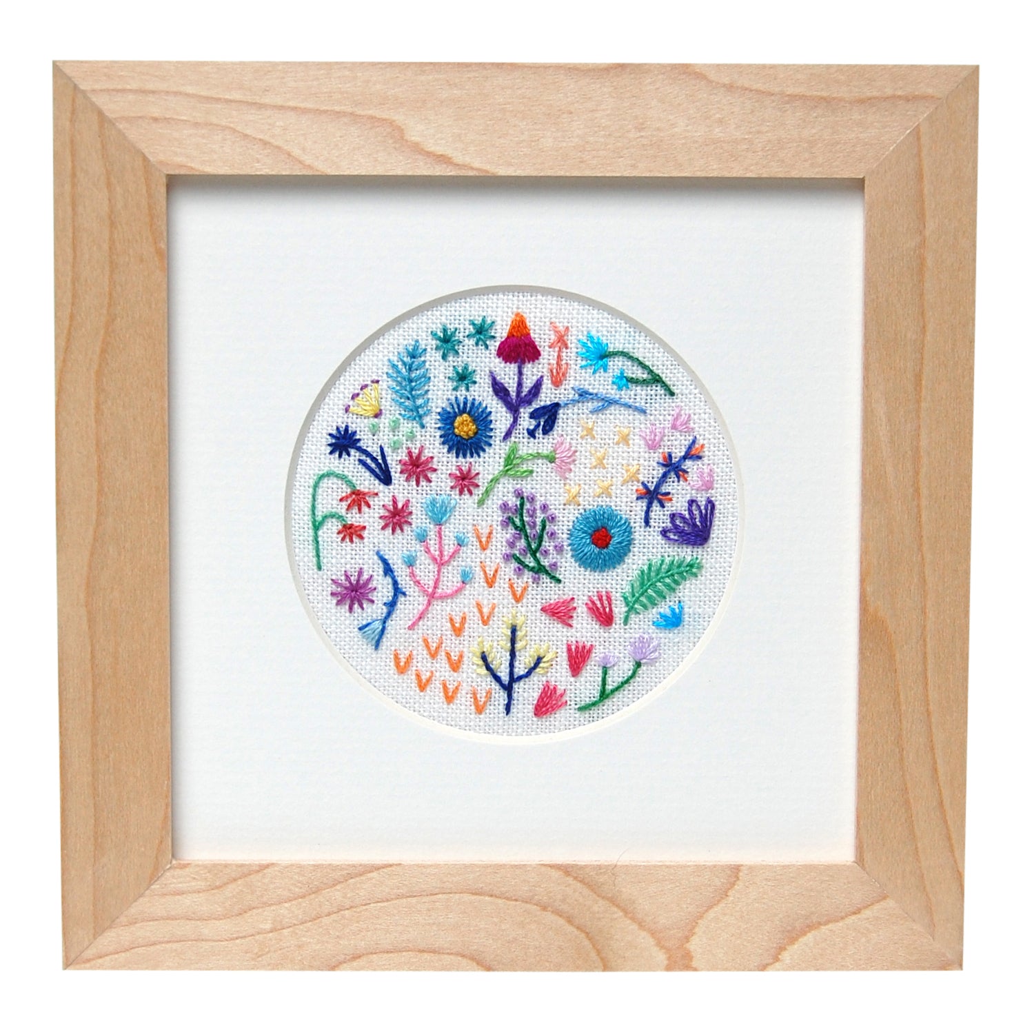 Mini Rainbow Flowers Style 1 on Cream Linen Hand Embroidered Art
