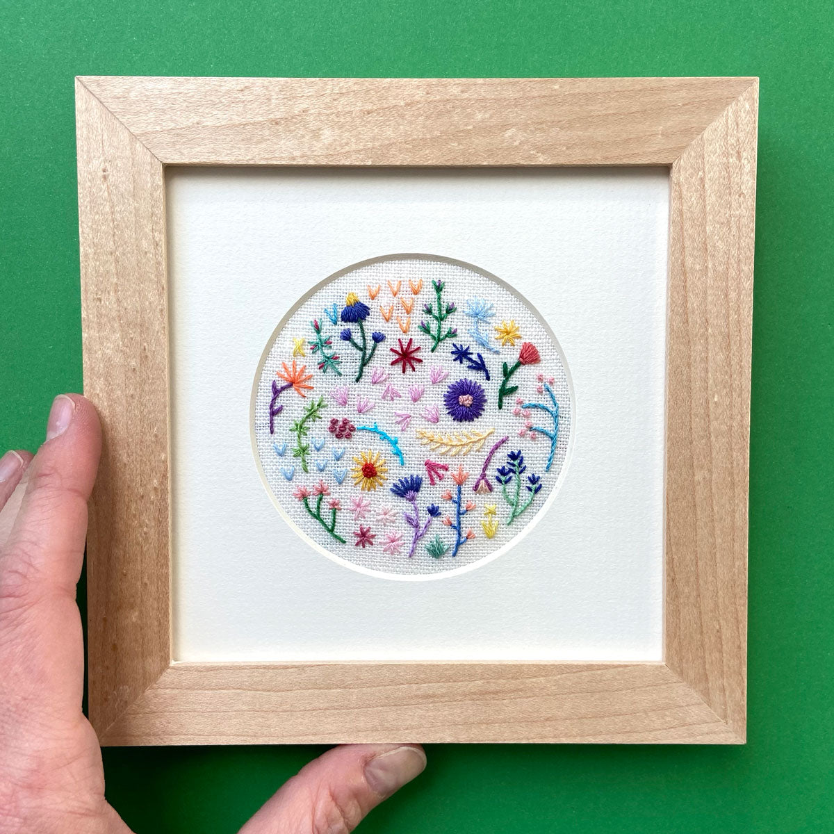 Mini Rainbow Flowers Style 2 on Cream Linen Hand Embroidered Art