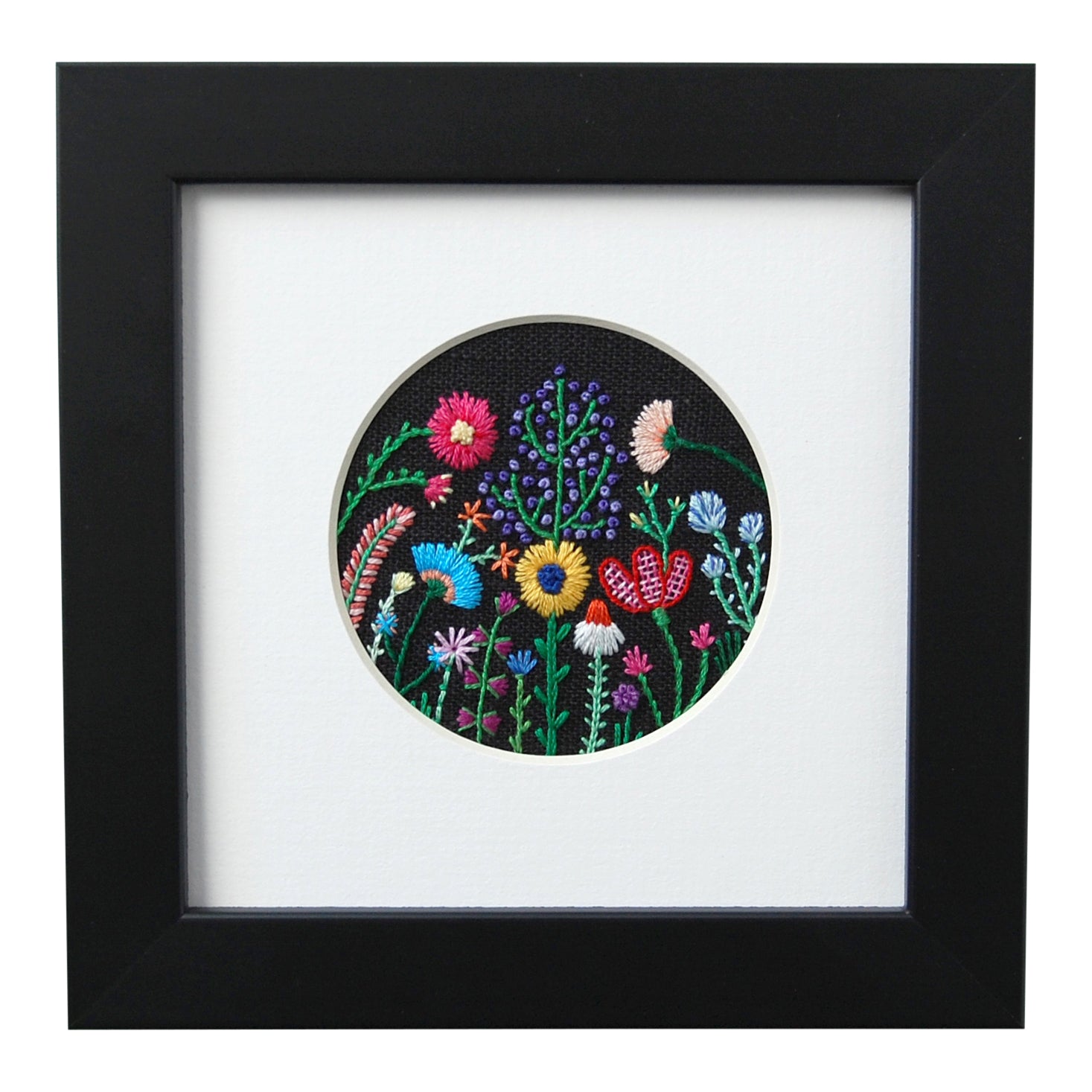 Rainbow Flowers (2.75") on Black Linen Hand Embroidered Art