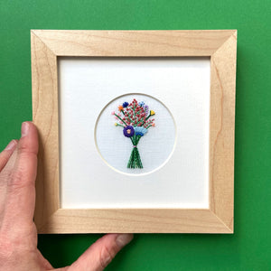 Bouquet with Coral Buds on White Linen Hand Embroidered Art