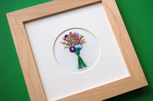 Bouquet with Coral Buds on White Linen Hand Embroidered Art