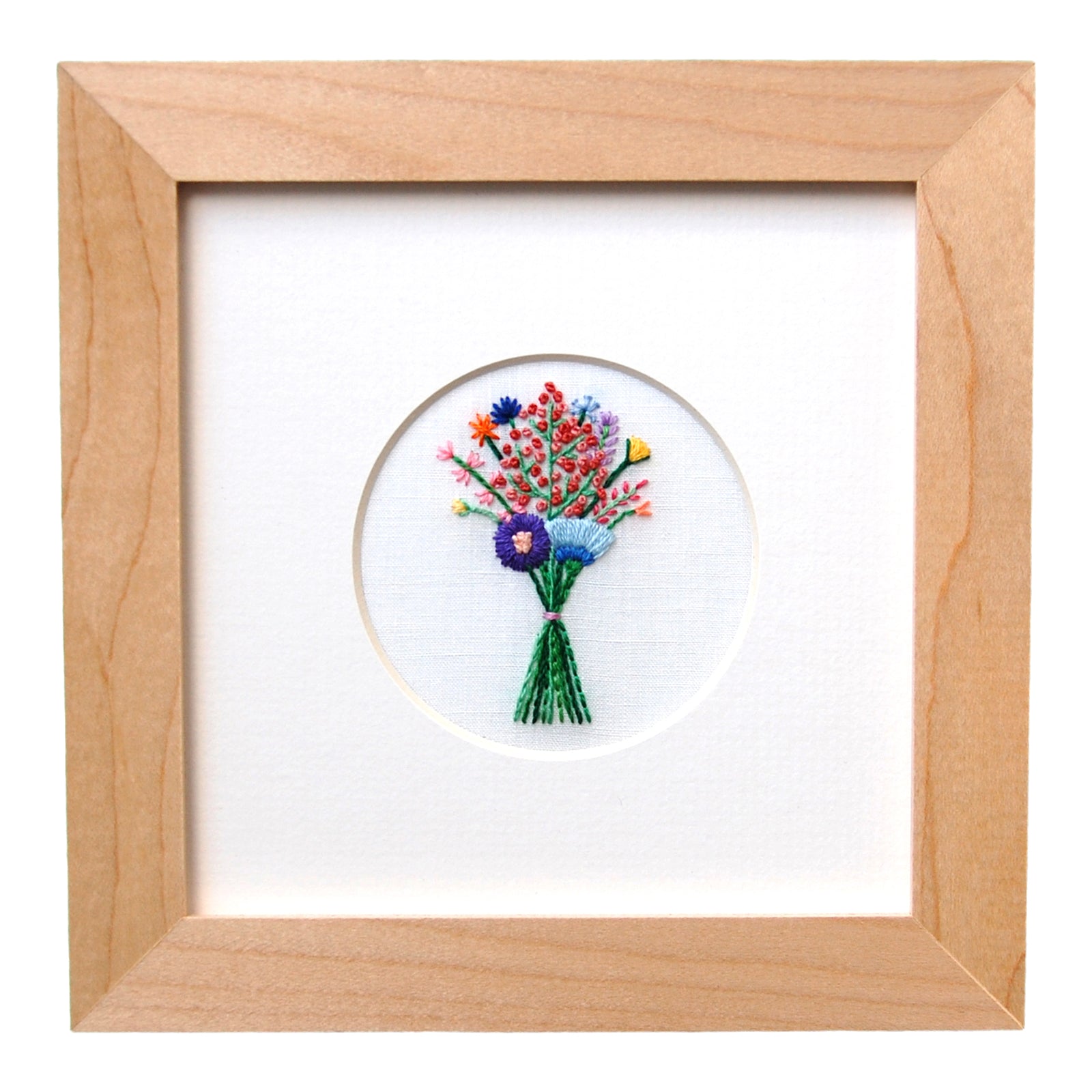 Bouquet with Coral Buds on White Linen Hand Embroidered Art