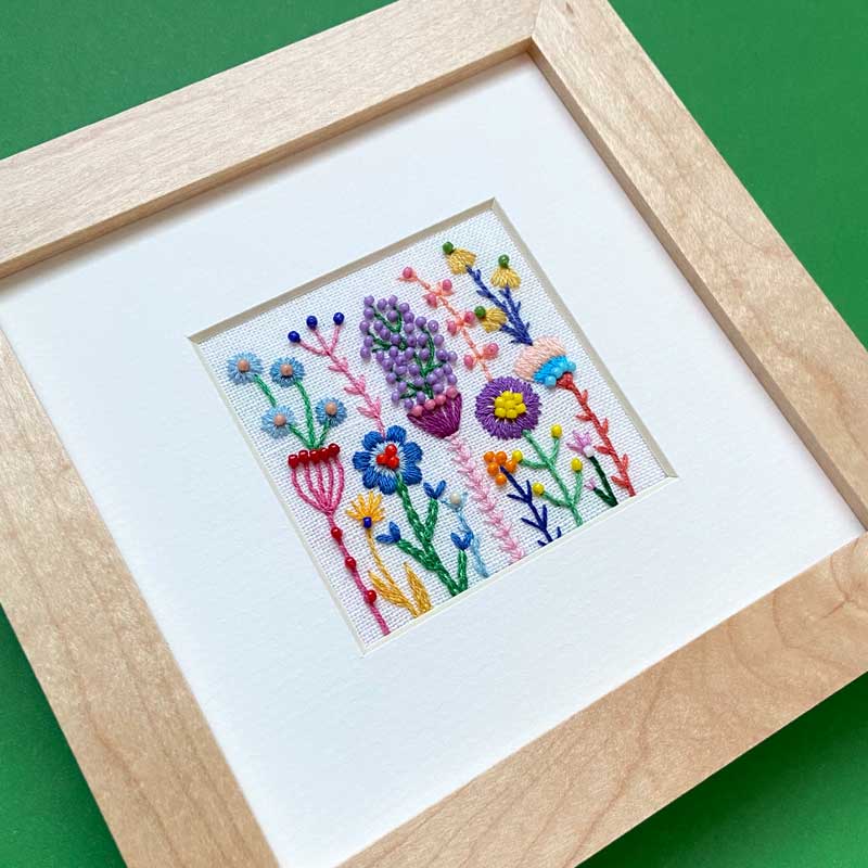 Beaded Rainbow Flowers Square (2.5") on White Linen Hand Embroidered Art