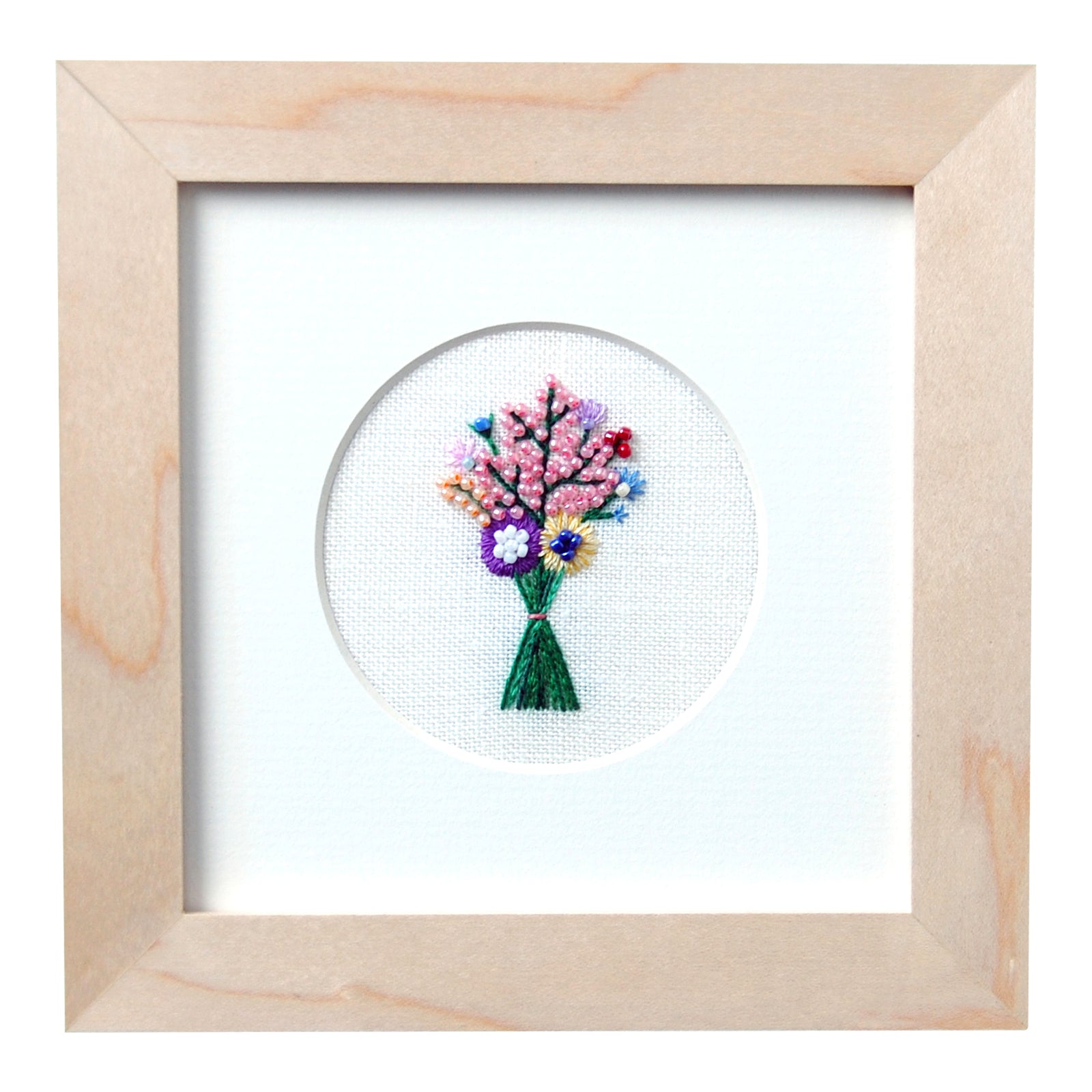 Beaded Floral Bouquet 2 on Cream Linen Hand Embroidered Art