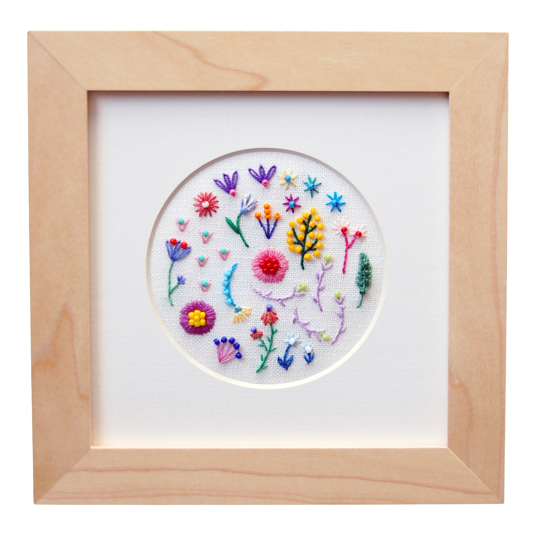 Beaded Rainbow Flowers Circle (3") on White Linen Hand Embroidered Art