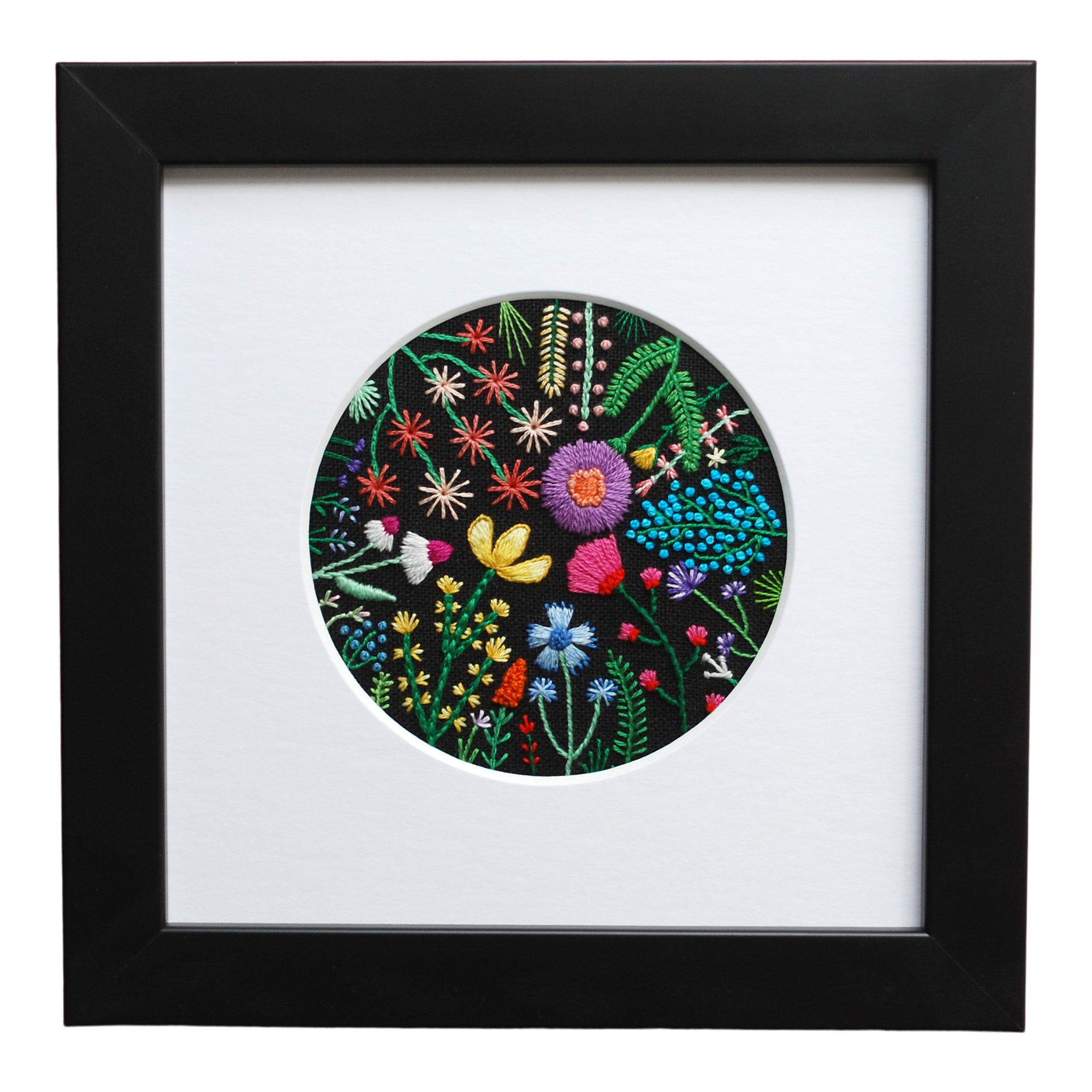 Rainbow Flowers (3.5") on Black Linen Hand Embroidered Art