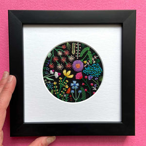 Rainbow Flowers (3.5") on Black Linen Hand Embroidered Art