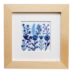 Blue Flowers (2.75") on White Linen Hand Embroidered Art