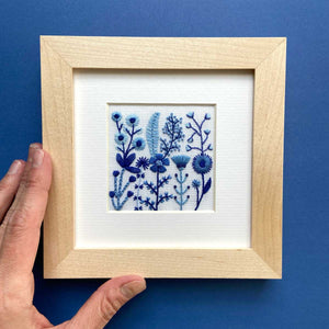 Blue Flowers (2.75") on White Linen Hand Embroidered Art