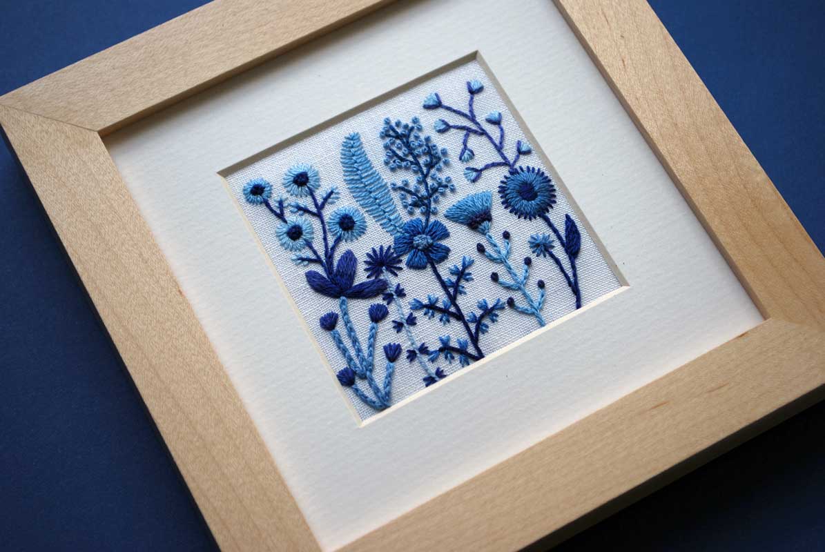 Blue Flowers (2.75") on White Linen Hand Embroidered Art