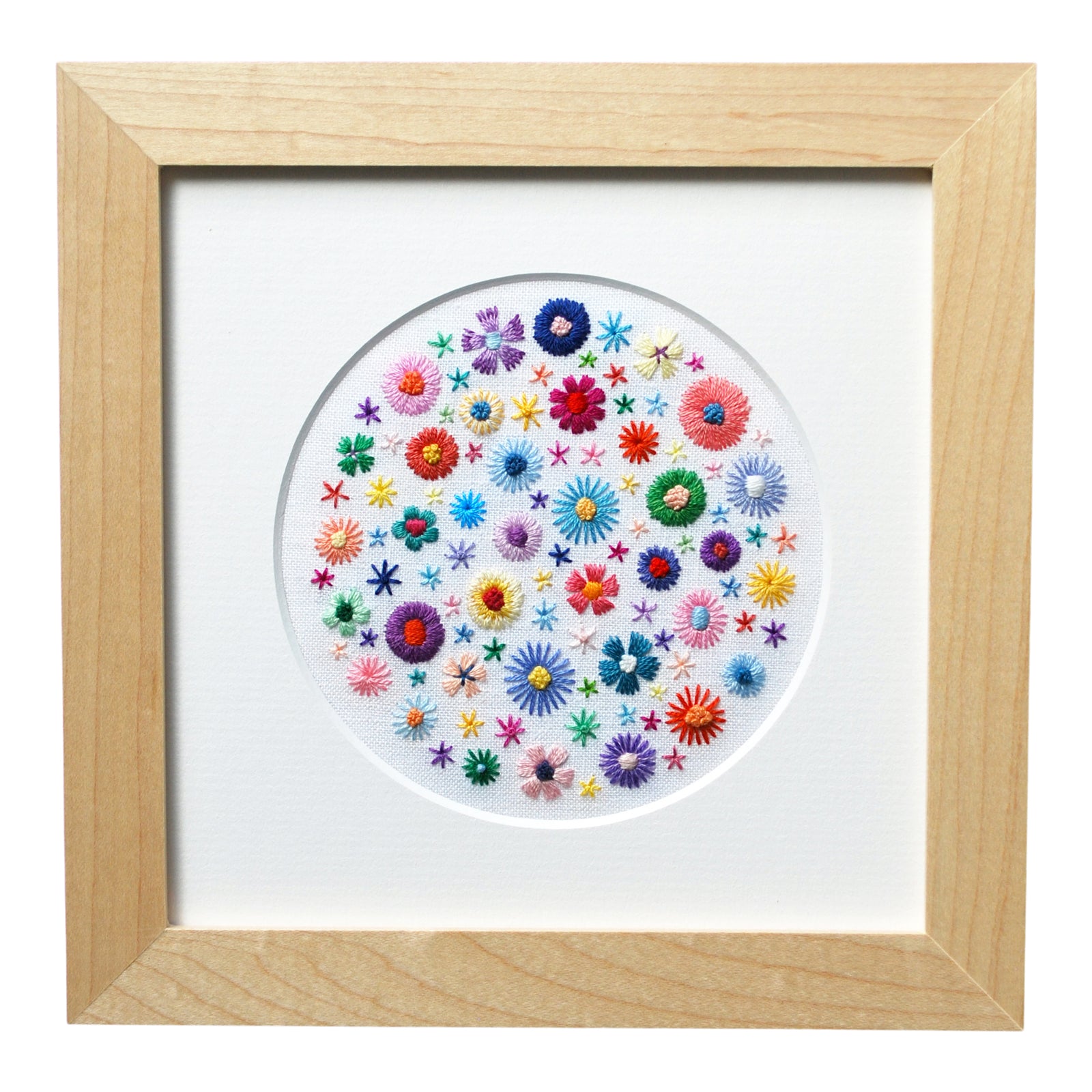 Happy Flowers A (4") on White Linen Hand Embroidered Art