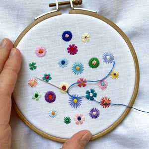 Happy Flowers A (4") on White Linen Hand Embroidered Art