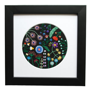 Rainbow Flowers (4") on Black Linen Hand Embroidered Art