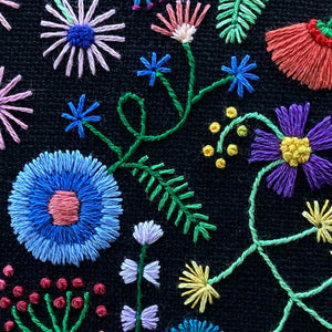 Rainbow Flowers (4") on Black Linen Hand Embroidered Art