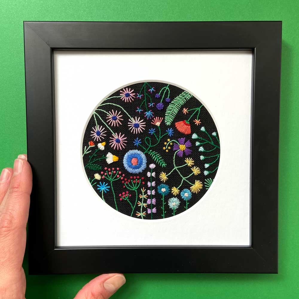 Rainbow Flowers (4") on Black Linen Hand Embroidered Art
