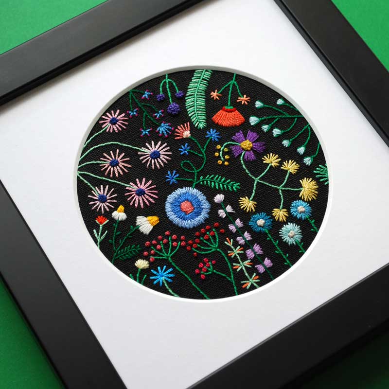 Rainbow Flowers (4") on Black Linen Hand Embroidered Art