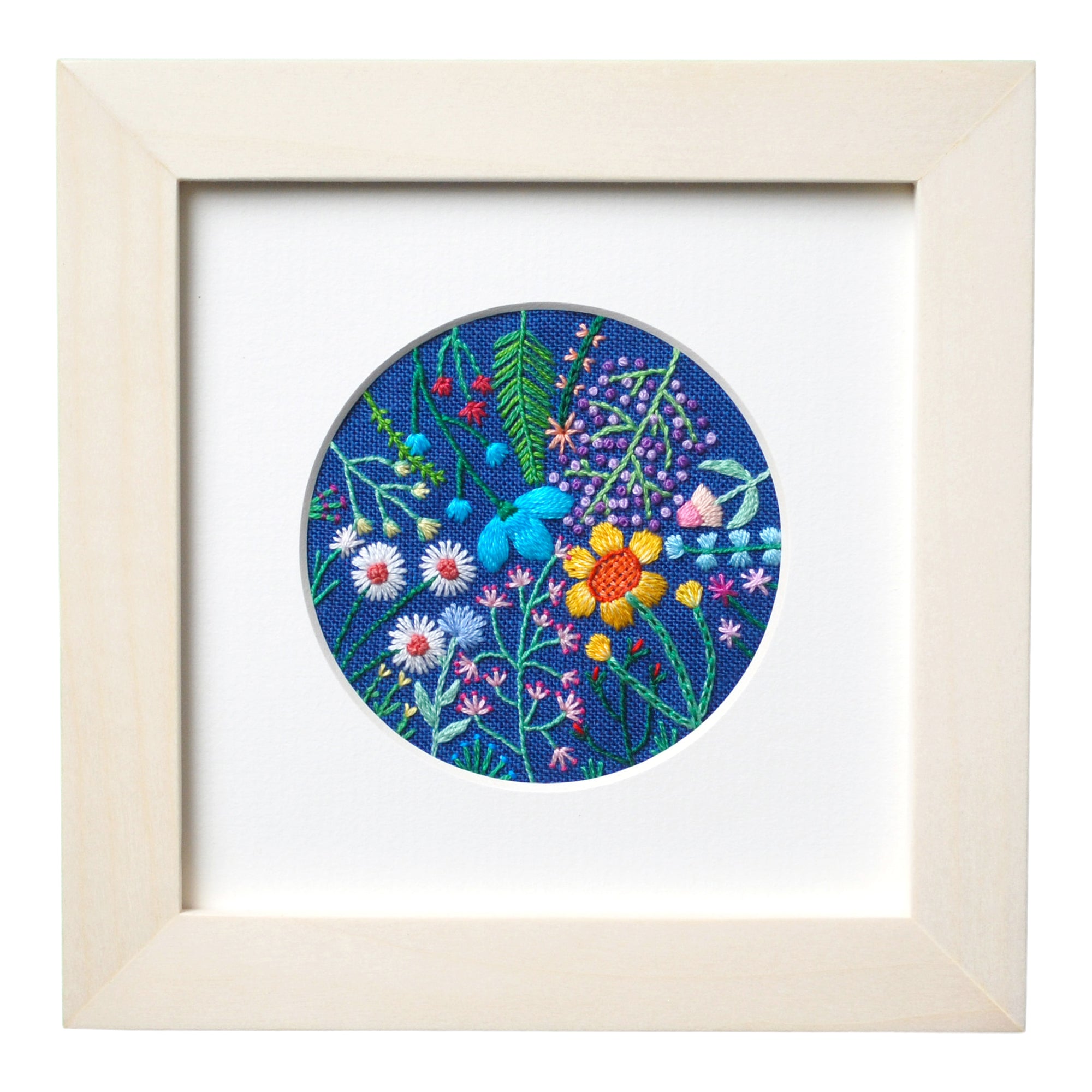Rainbow Flowers (3") on Blue Linen Hand Embroidered Art