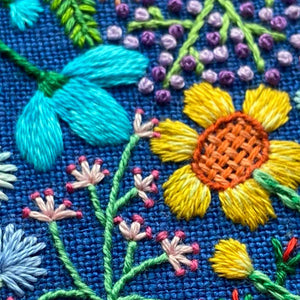 Rainbow Flowers (3") on Blue Linen Hand Embroidered Art