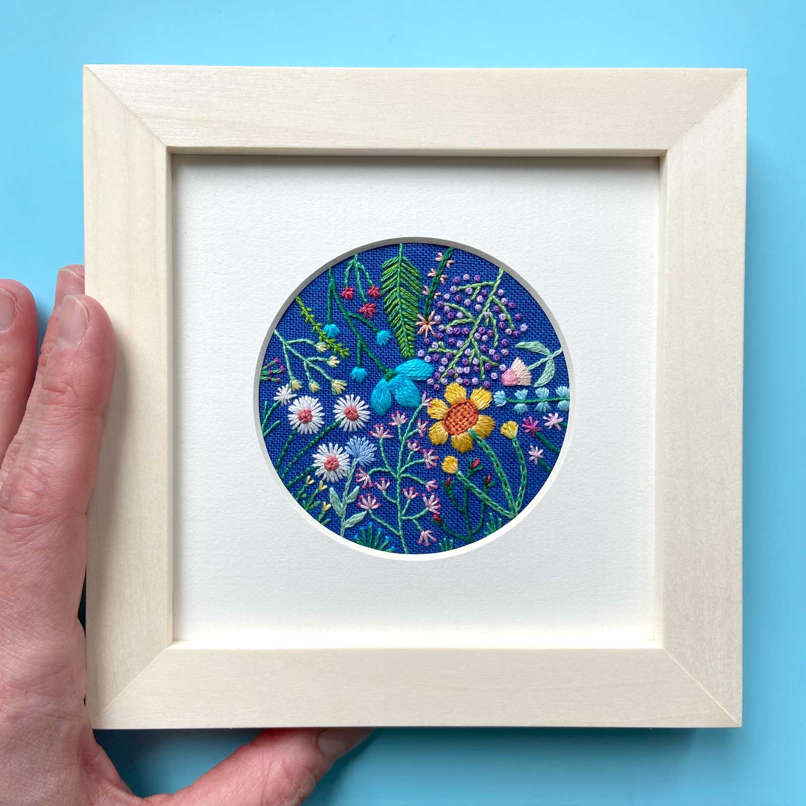 Rainbow Flowers (3") on Blue Linen Hand Embroidered Art