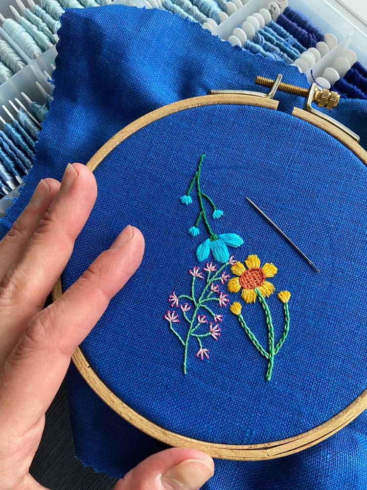 Rainbow Flowers (3") on Blue Linen Hand Embroidered Art