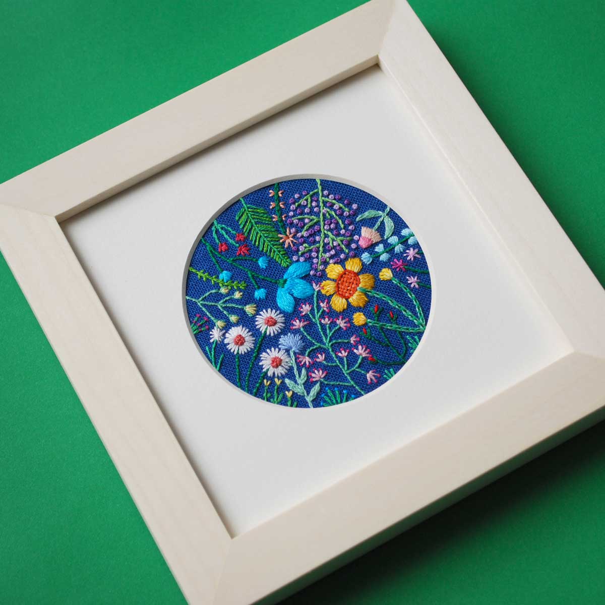 Rainbow Flowers (3") on Blue Linen Hand Embroidered Art