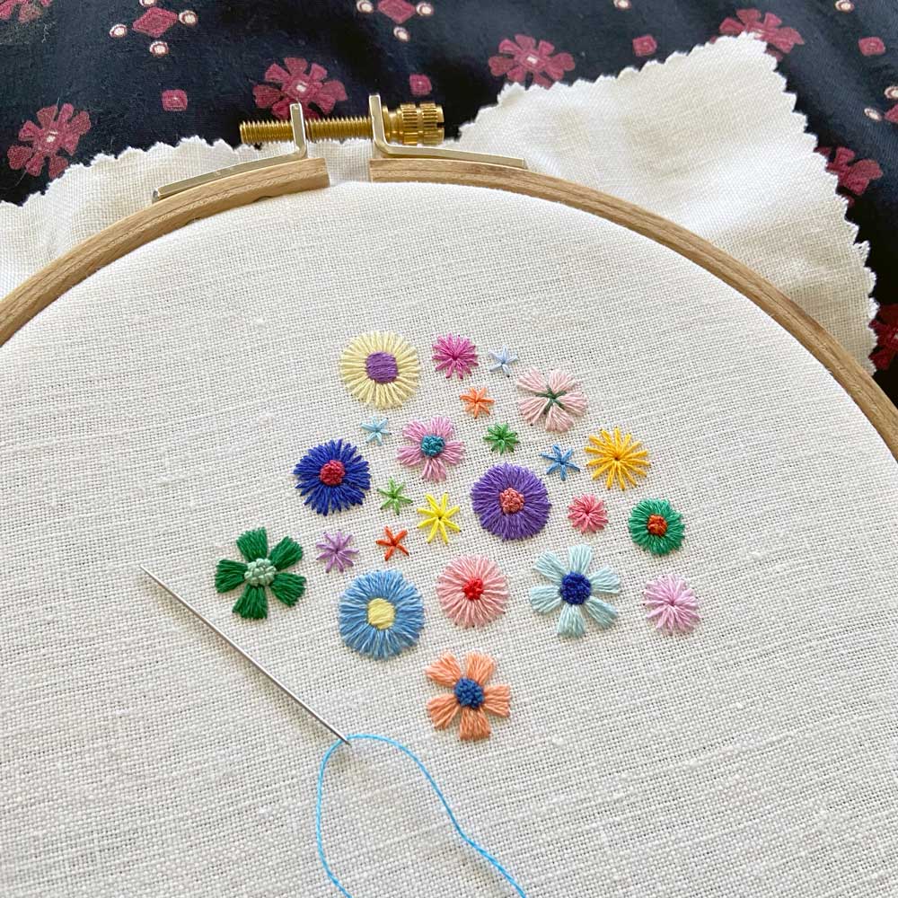 Happy Flowers B (3.5") on White Linen Hand Embroidered Art