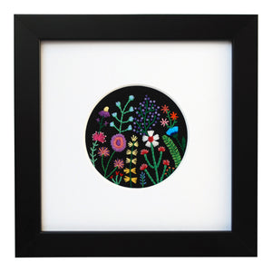 Rainbow Flowers (3") on Black Linen Hand Embroidered Art