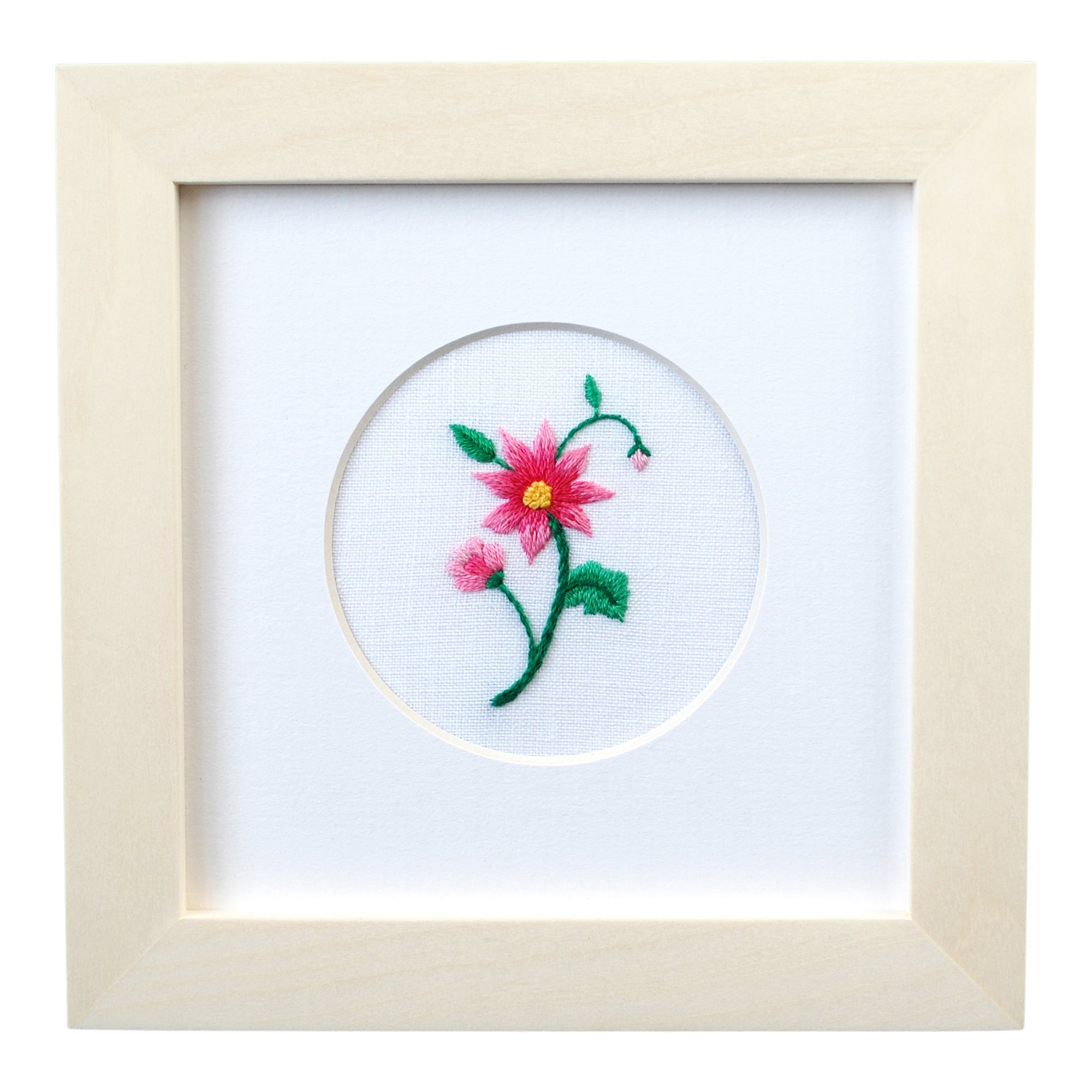 Single Flower (Pink) on White Linen Hand Embroidered Art