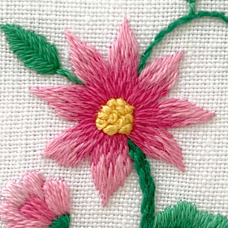 Single Flower (Pink) on White Linen Hand Embroidered Art