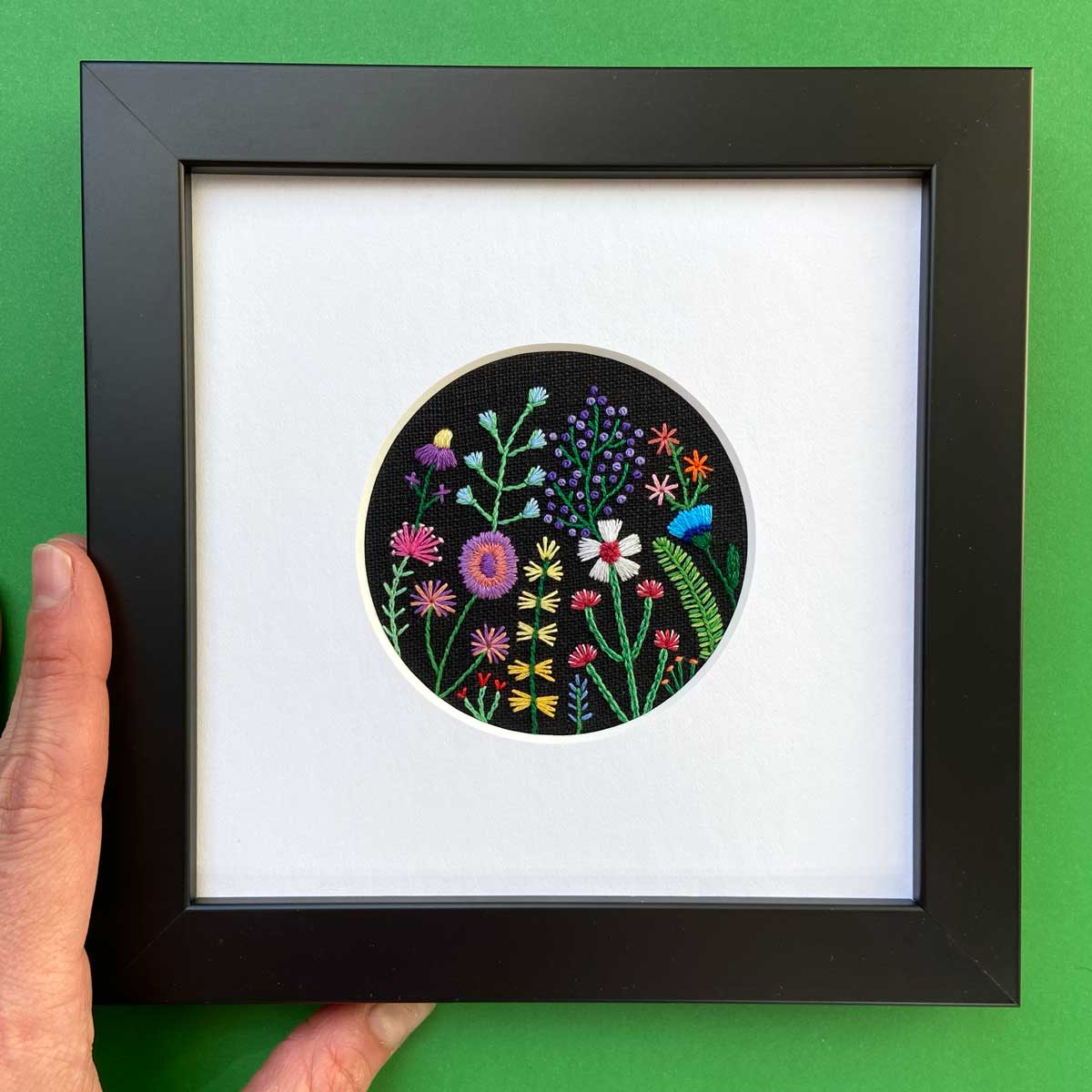 Rainbow Flowers (3") on Black Linen Hand Embroidered Art