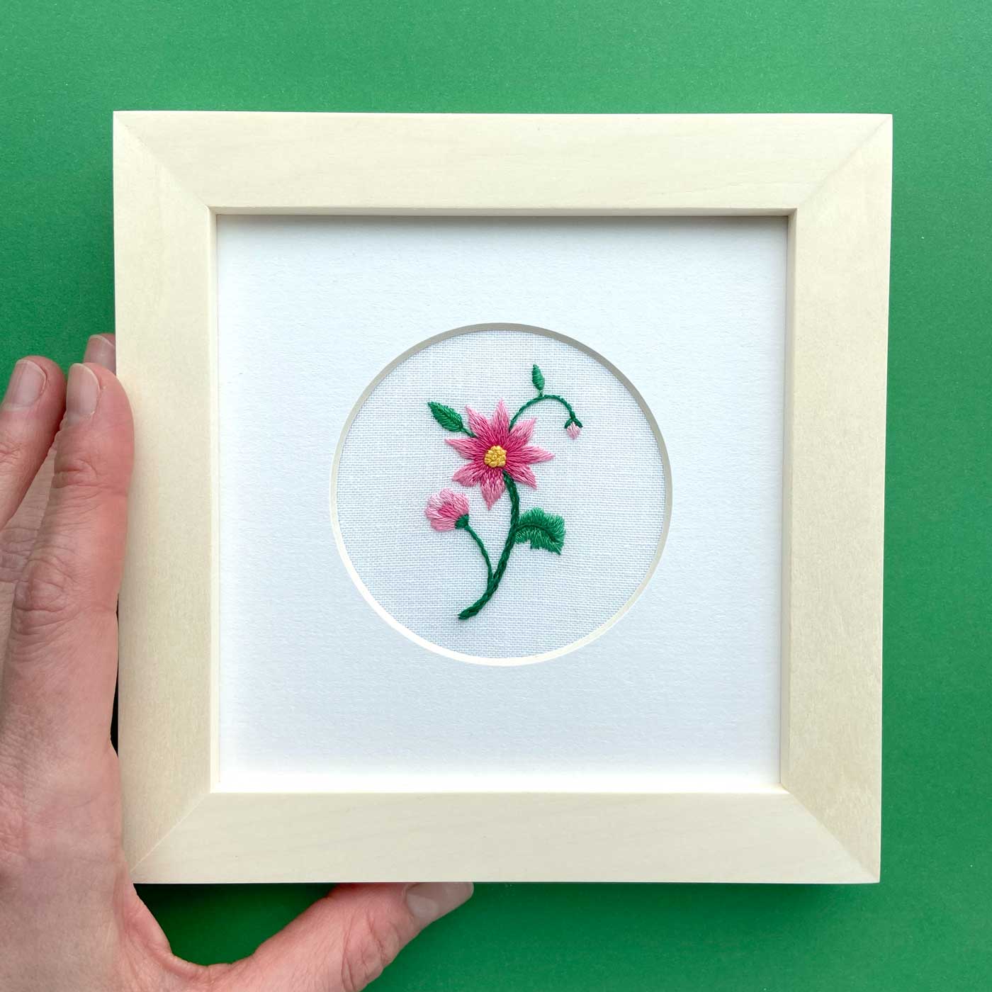 Single Flower (Pink) on White Linen Hand Embroidered Art