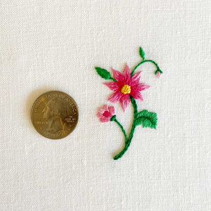 Single Flower (Pink) on White Linen Hand Embroidered Art