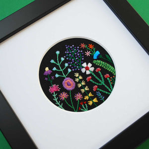 Rainbow Flowers (3") on Black Linen Hand Embroidered Art