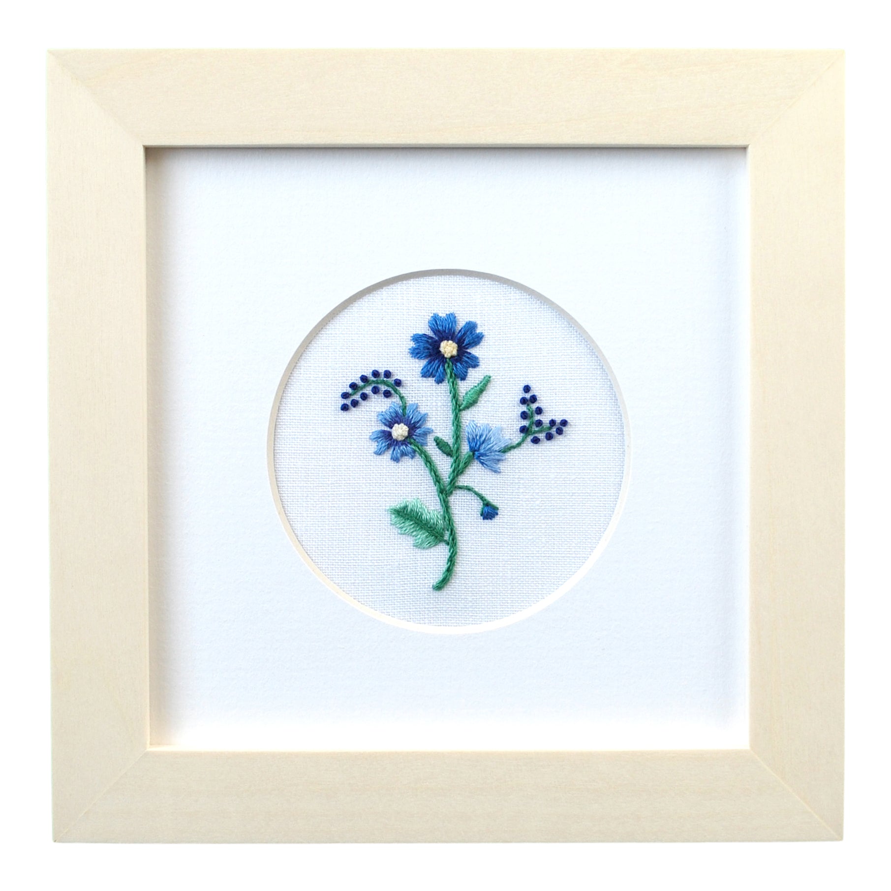 Single Flower (Blue) on White Linen Hand Embroidered Art