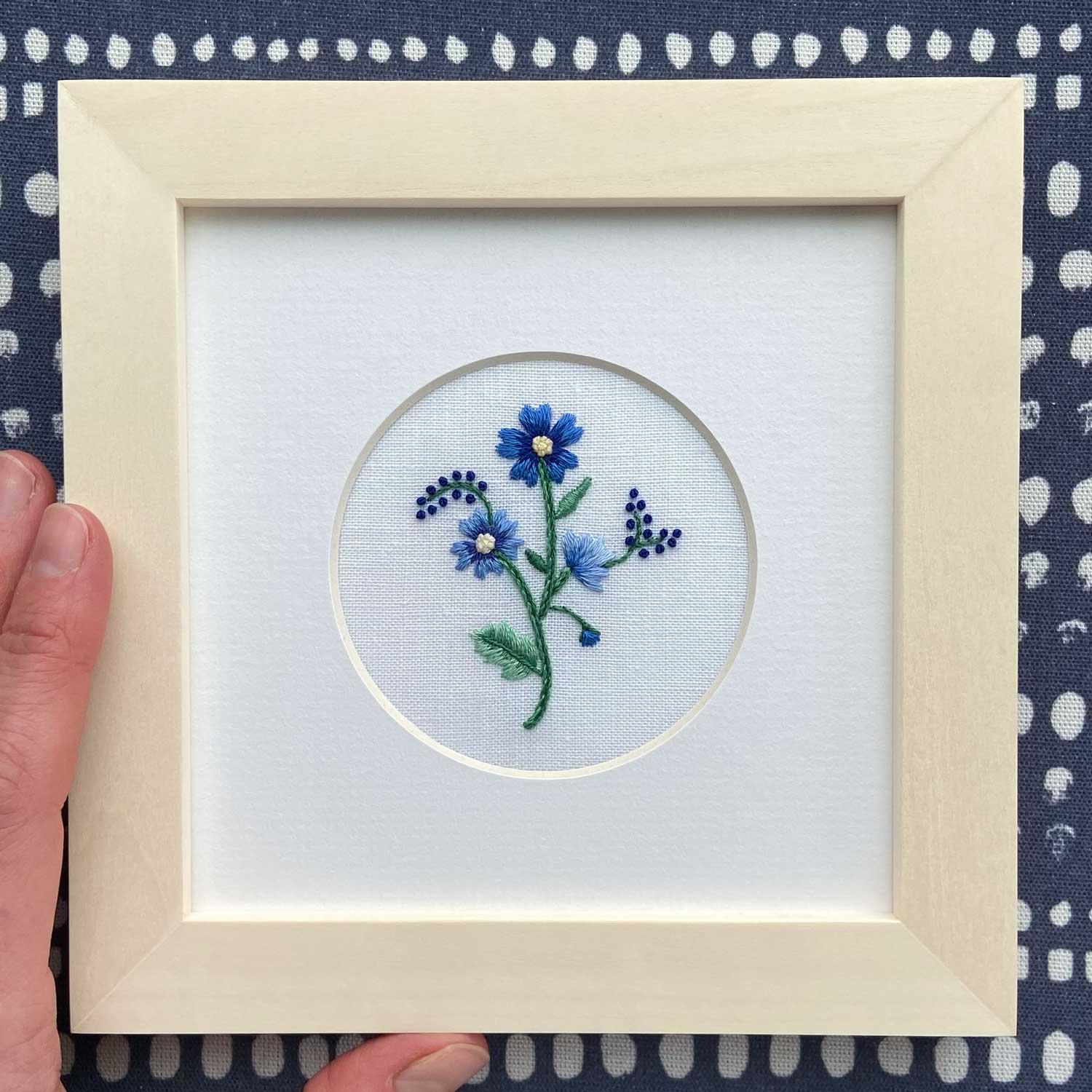 Single Flower (Blue) on White Linen Hand Embroidered Art