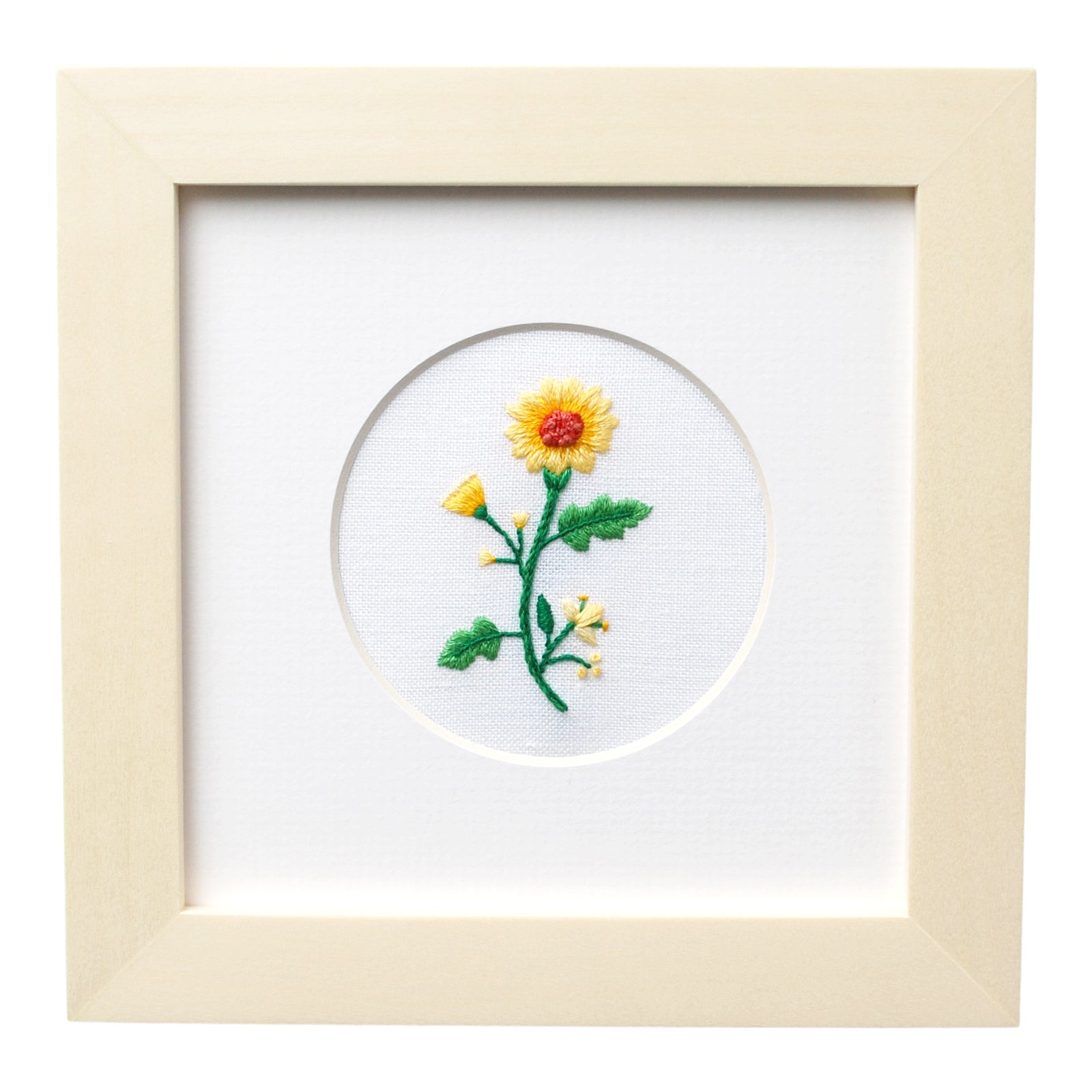 Single Flower (Yellow) on White Linen Hand Embroidered Art