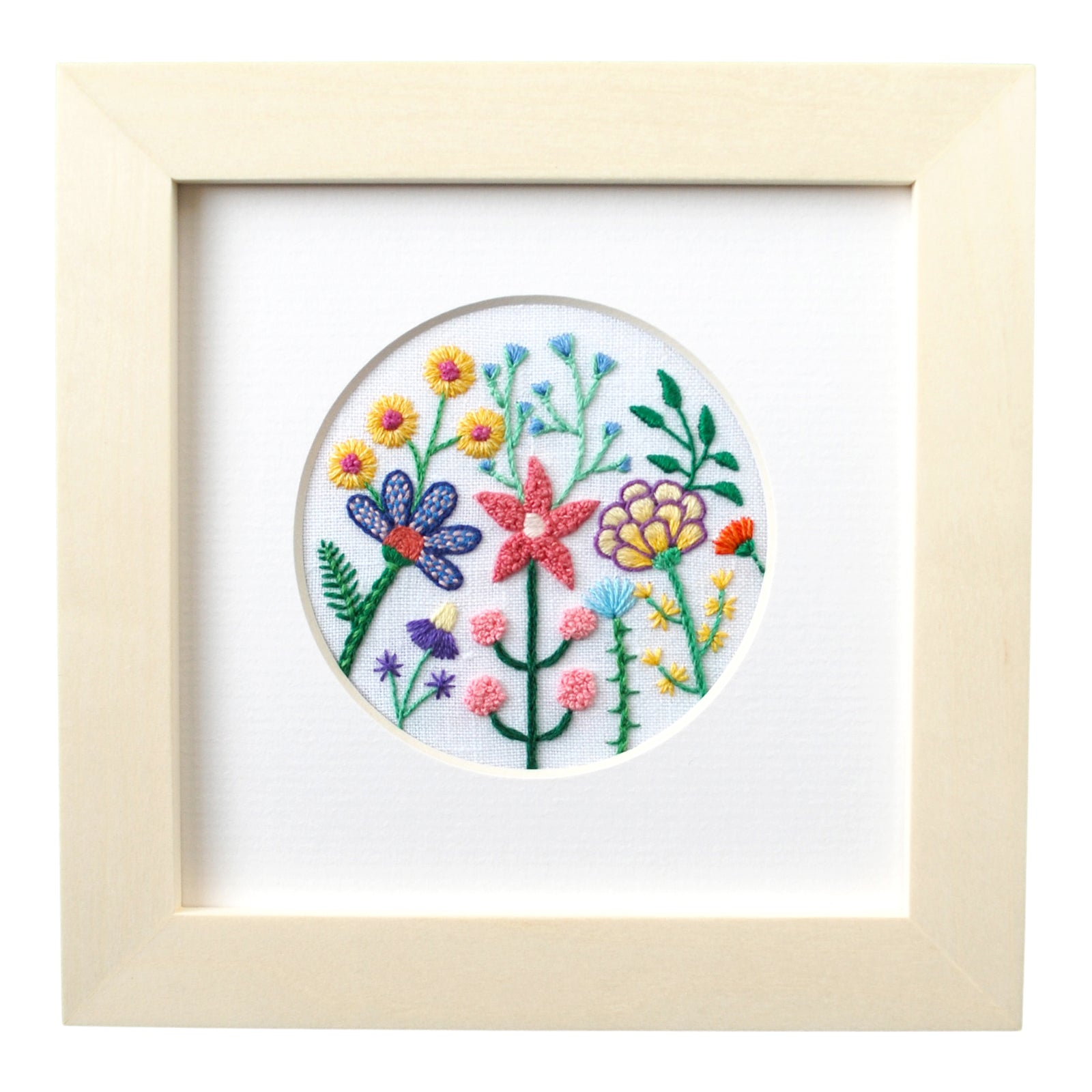 Mega Texture Colorful Flowers (3") on White Linen Hand Embroidered Art