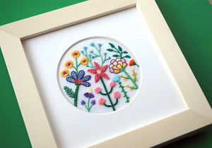 Mega Texture Colorful Flowers (3") on White Linen Hand Embroidered Art
