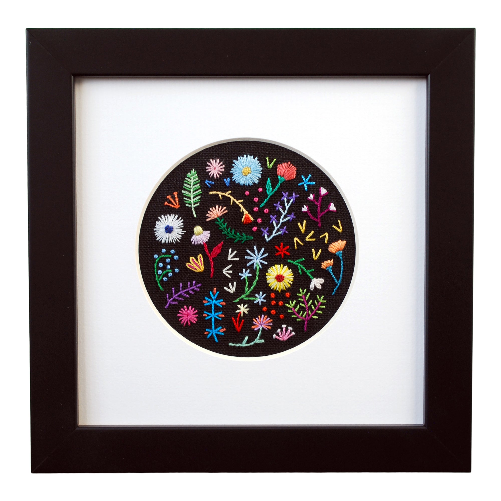 Rainbow Flowers (3.5") on Black Linen Hand Embroidered Art