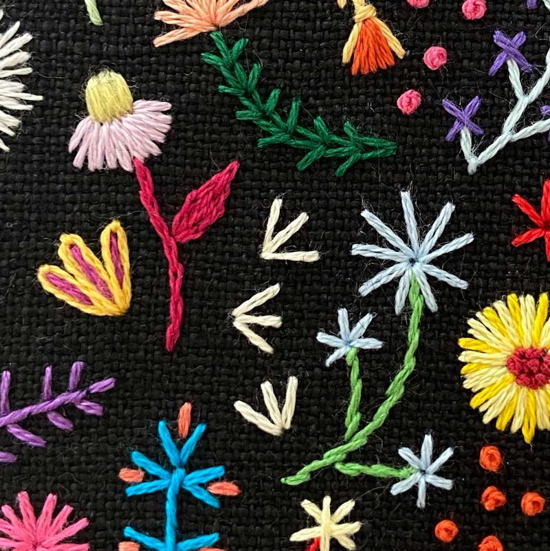 Rainbow Flowers (3.5") on Black Linen Hand Embroidered Art