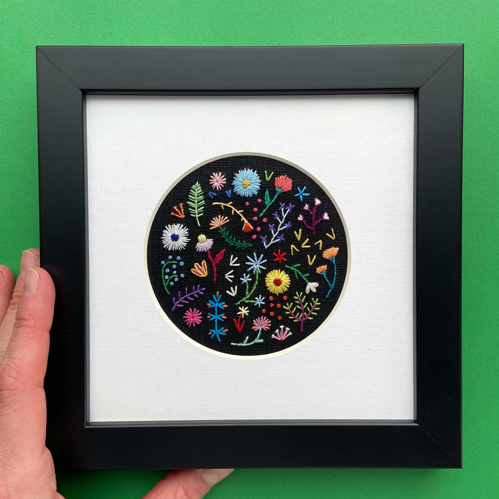 Rainbow Flowers (3.5") on Black Linen Hand Embroidered Art